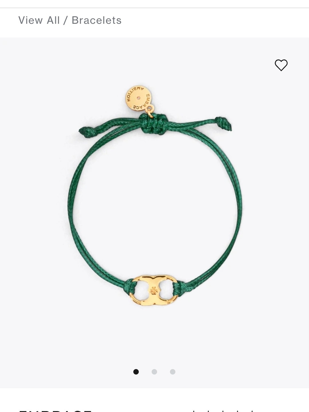 Tory Burch Emerald Green Cord Bracelet with Gold Logo Accent 925 Silver